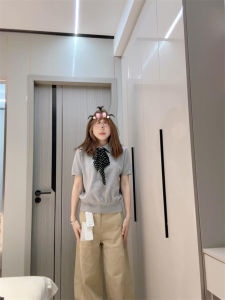 Casual Chic Grey Loose Polo Neck Short Sleeve Knitted Sweater Womens Spring Autumn Harajuku Style Versatile Trendy Top