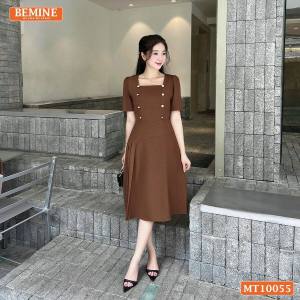 [DUY NHẤT 10-12.10-VOUCHER 40K]Đầm thiết kế BEMINE cổ vuông đính cúc dáng chữ A phù hợp đi làm đi chơi-MT10055