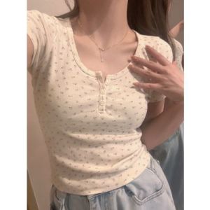 Floral Print Short Sleeve U-Neck Camisole Vest Womens Inner Wear Short Top T-Shirt Outerwear  College Style