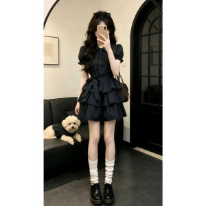 PEIZIXUAN | Hepburn Style French Lace Collar Black Plaid Short Sleeve Fitted Dress