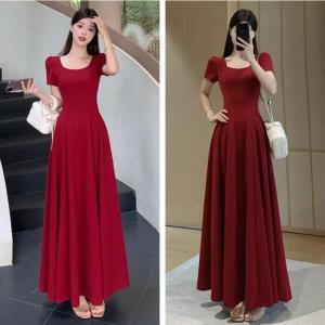 Red French Collar Short Sleeve Maxi Dress Womens Summer plus Size A-Line Gown High Waist Flared Skirt Vintage Commute Style