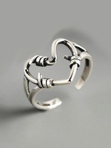 Korean Style Silver Rings Women Open Handmade Woven Heart Shaped Hollow out Design Antique Silver Fashion Jewelry Accessories
