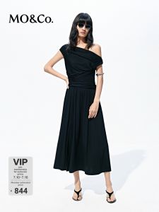 MO&Co. | Modal Off-shoulder Waist-cinched Slit Long Dress