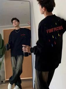 Mùa Xuân Năm Mùa Thu Hạng Nặng Pure Cotton Vải Bông Áo Thun Dài Tay Màu Đen Nam Thời Trang Thương Hiệu American High Street in Chữ Thiết Kế Áo