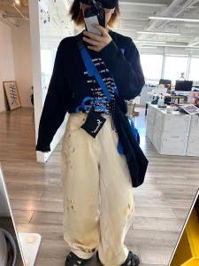 อินเทรนด์ Graffiti Washed Light Brown High เอว Wide Leg กางเกงยีนส์ ผู้หญิง หลวม Fitting ฤดูใบไม้ร่วง ฤดูใบไม้ผลิ Season ดีไซน์ Sense เดนิม กางเกง