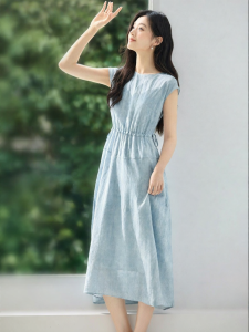 MOHANYIMEI | Linen Blend Flounce Sleeve Nature Dye Bubble Holiday Dress
