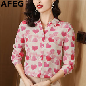 AFEG Korean shirt collar fashion loose temperament love printed chiffon long sleeve blouse for women