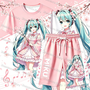 Bandai | Kawaii Hatsune Summer Outfit 2Pcs Pink Sakura Anime M-Miku Print Short Sleeve T-shirt Drawstring Shorts Girls Casual Set