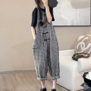 Retro Plaid Jumpsuit Womens plus Size Artistic Style Spring Summer New Arrival Comfortable Fit High Waist Long Pants