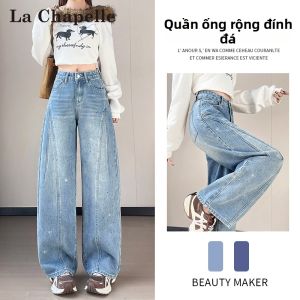 Quần jeans nữ La Chapelle ống rộng cạp cao dáng suông đính đá
