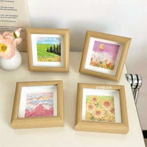 Retro Wooden Square Photo Frame Chinese Style Office Decorations Landscape Oil Painting Sunrise Hollow out Small Frame
