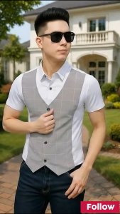 Áo sơ mi cộc tay phối giả Gile tạo điểm nhấn cho chiếc áo của bạn sang trọng mã- H42