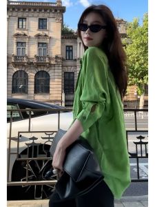 Autumn Winter French Style Loose Fit Beautiful Green Linen Shirt Womens Elegant Casual Commute High Waist Pleated Blouse