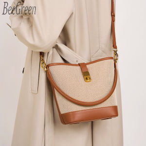 BeeGreen Women Classic Canvas Bucket Bag Genuine Leather Patchwork Shoulder Bag Elegant Commuter Handbag Casual Sling Bag