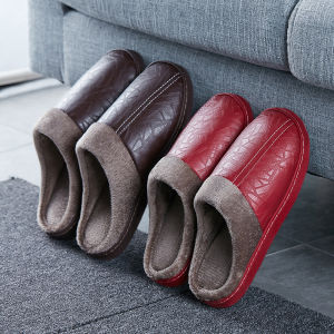 รองเท้าแตะผ้าฝ้าย PU หนัง สำหรับผู้หญิง ฤดูหนาว รองเท้าแตะในบ้าน รองเท้าแตะผู้ชาย รองเท้าแตะแบบมีพื้นหนา กันลื่น อบอุ่น รองเท้าแตะผ้าฝ้าย