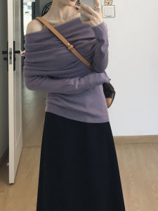 เสื้อสเวตเตอร์คอวีแขนยาวสไตล์เกาหลีสำหรับผู้หญิง ฤดูใบไม้ร่วง 2024 แฟชั่นสุดหรู คอกลม แขนยาว ปกติ