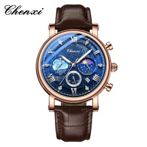CHENXI 972 Mens Top Brand Moon Phase Quartz Wristwatch Chronograph Waterproof Original Watch for Man Male Luminous Clock