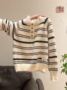 เสื้อสเวตเตอร์ถักหนาแขนยาวผู้หญิงฤดูใบไม้ร่วง/ฤดูหนาว ขอบลูกไม้ แถบสีบล็อก ชั้นใน ชั้นนอก เสื้อผ้าทำงาน ปกโปโล