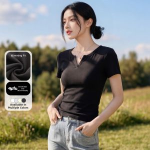 BALENO | Womens V-Neck Square-Shoulder Short-Sleeve T-Shirt