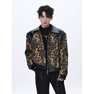 YIFAN American Retro Color Block Leopard Print Jacket Mens Heavy Duty Rhinestone Design Rivet Splicing Street Style Zipper Coat