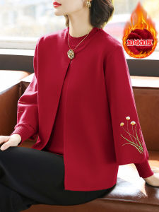 Red Knitted Two-Piece Set Fashionable Spring Clothing for Mommy Lucky Year Outerwear Elderly Womens Style Wedding Banquet Outfit