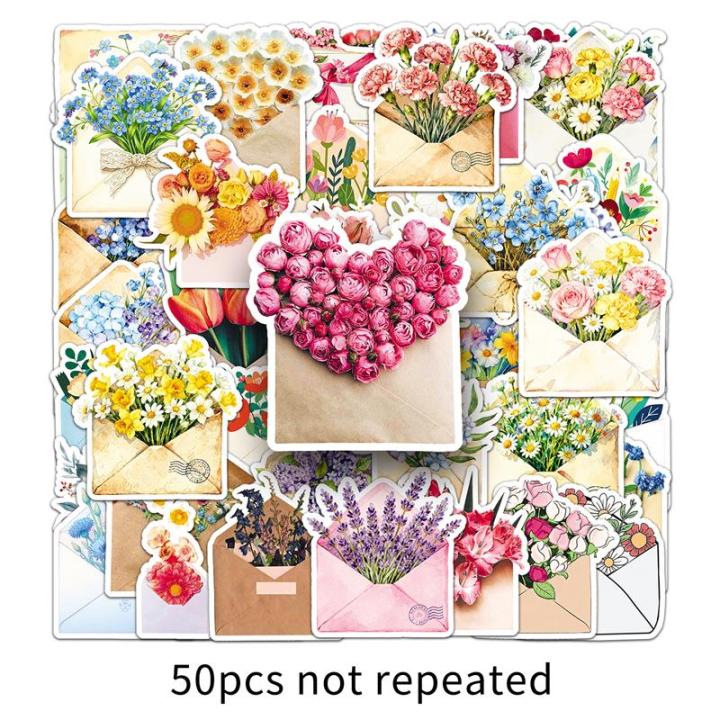 50PCS Envelope flower bouquet sticker - Artistic hand-drawn floral ...