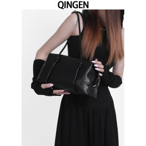 Qinyin Original Large Capacity Cowhide Tote Bag Womens Commuter Bag Shoulder Bag Vintage Style Soft Leather Handbag