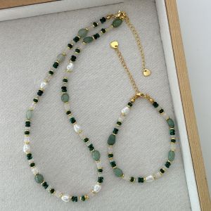 New Arrival Trendy Natural Freshwater Pearl & Jade Stone 14K Gold Filled Female Jewelry Set For Women Necklace Bracelet Gifts