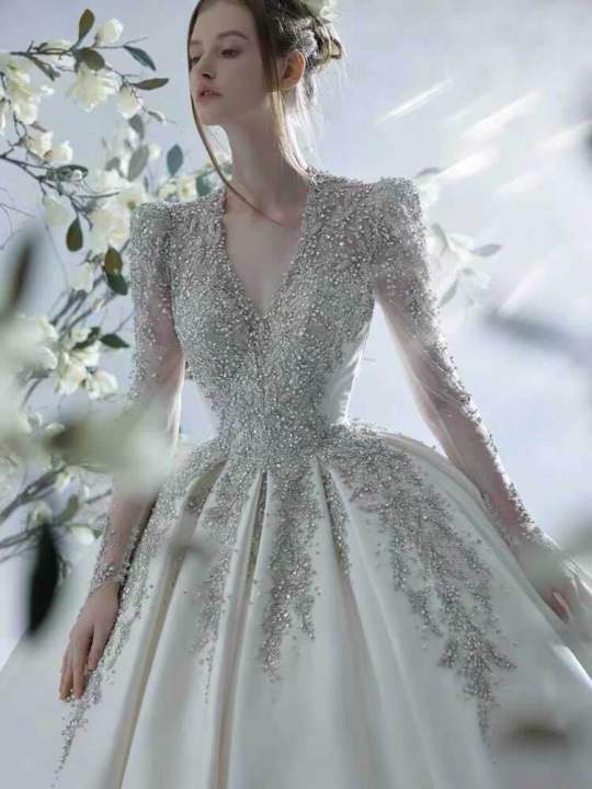 Satin wedding dress bride 2024 new V-neck slimming ceremony French