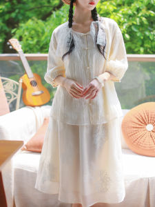 Large Size New Chinese Style 3D Embroidery Button Cheongsam Top Half Sleeve round Neckline Fashionable plus Size Set