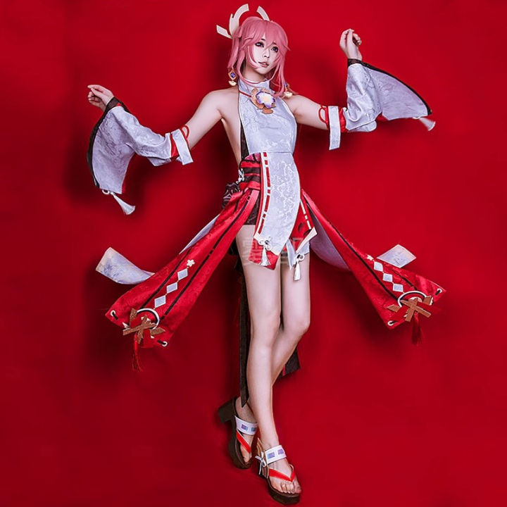 Genshin Impact Yae Miko Cosplay Costume Guuji Yae Fancy Dress Full Set Uniform Outfit Wig Headwear Props Game Suit