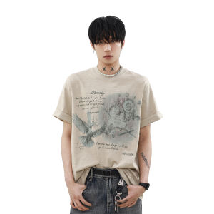 MRNEARLY American Retro Design Loose Cotton Short Sleeve T-Shirt Mens Summer Breathable Pure Cotton Letter Print Top