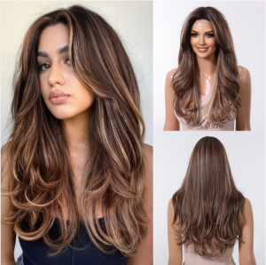 Medium Length Light Brown Synthetic Wigs Blonde Curly Hairline Lace Wig Natural Layered Cosplay Party Lolita Lace Wig for Women