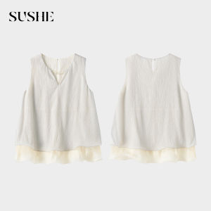 SUSHE | Summer Sleeveless Pleated Lace Patchwork Ruffle Top