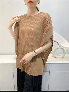 Nova quality⭐One person one pleat ⭐ Miyake Pleated Ruffle TopComfortable Casual Split Loose Round Neck Short Sleeve T-Shirt