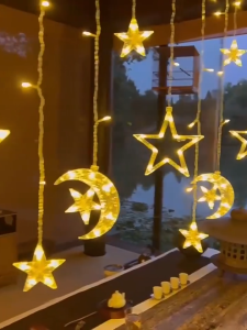 【SG stock】LED Curtain String Lights 8 Modes Star Moon Fairy Lights Ramadan Decoration Muslim Festival Indoor Outdoor Lighting