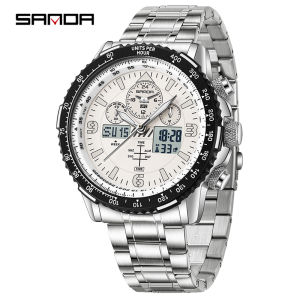 Sanda | SANDA 6362 Casual Electronic Quartz Watch Mens Multifunctional Luminous Alarm Clock Fashion Dual Display Digital Watches for Man