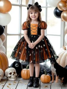 Halloween Witch Princess Dress Childrens Costume Girls Cosplay Print Party Role-playing Clothes Short Sleeve Midi Skirt