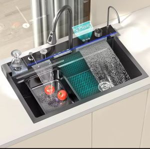 Chậu Rửa chén Một Hố Lớn 75/45 Inox 304 Mạ Nano. Mẫu mới 2024 Phím đàn (5 phím).  Màn Hình Hiển Thị Kỹ Thuật Số Thông Minh vòi phụ và phụ kiện rửa ly cao cấp.