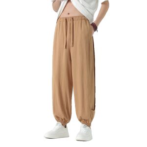 สไตล์จีน ลำลอง ผ้าฝ้าย ผ้าลินิน Harajuku หลวม กางเกงขายาว ชนเผ่า กางเกงขายาว Youth Full Size Four Seasons กระเป๋าเสื้อ ตกแต่ง