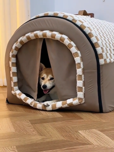 HATELI Dog Warm Bed 2 Ways to Use Indoor Pet Cat House with Fluffy Mat Removable and Washable House with Non-Slip Bottom for Cats and All Size Dogs Soft Kennel Bed