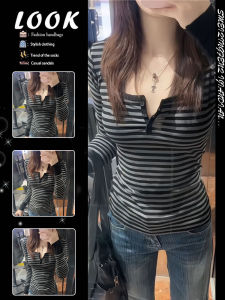 Black and Gray Stripe U Neck Long Sleeve Sweater