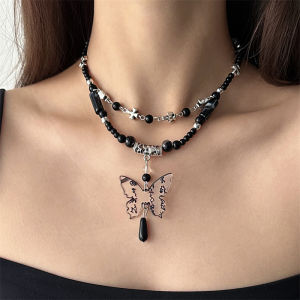 Sweet Cool Butterfly Beads Necklace Accessory Womens Double Layered Sweater Chain Luxury Minimalist Fashion Jewelry