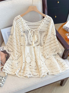 AIYITI | Bohemian Style Lace Shirt Short Sleeve Hook Flower Hollow Out Summer Plus Size Womens Clothing Belly Cover Up Outerwear Top