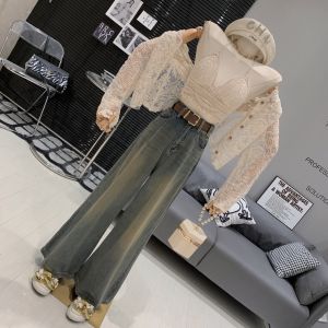 Retro American Style High Waist Wide Leg Jeans Womens Small Size Loose Fit Floor Length Trousers Dad Pants Trendy