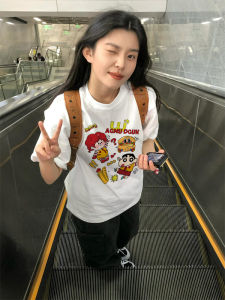 Sanduolemen Rimi Yamashima Cotton T-shirt for Women Loose Fit Printed M Pattern Summer Casual Couple Wear Short Sleeve