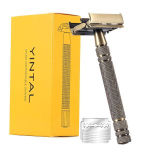 YINTAL Mens Bronze Classic Double-sided Manual Razor Long Handle Safety Razors Shaving Replaceable Classic Razors
