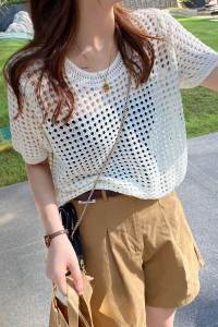 Summer Knitted Ice Silk Hollow out Lightweight Loose Womens Top Sun Protection Cover up Short Sleeve Korean Style