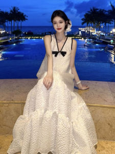 Elegant White Dress Korean Style High Waist A-Line Skirt Polyester Fiber Short Sleeve Casual Travel Daily Wear Goddess Elegant