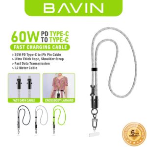 BAVIN CB372 Lanyard 60W PD Fast Charging 1.2m Data Cable Type-C to C /Type-C to iPh for iPh&Android (Supports 17 Series)